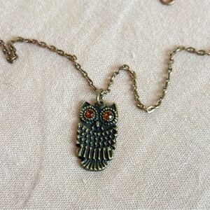 Vintage Owl Pendant Necklace w/ Amber Eyes